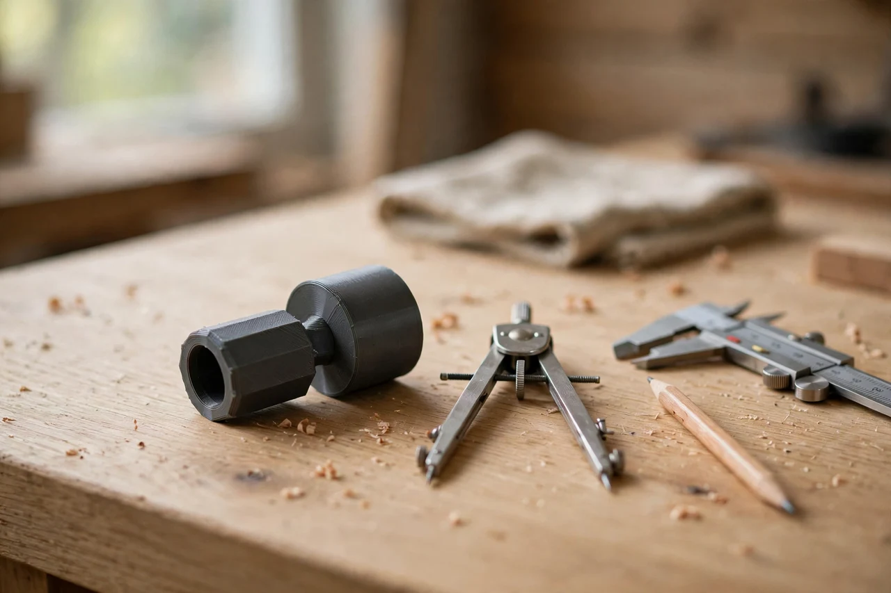 Home workshop scene on a light oak workbench, a matte charcoal-gray 3D printed pencil to compass adapter beside a drawing compass and a pencil and a pair of calipers, soft natural window light, shallow depth of field