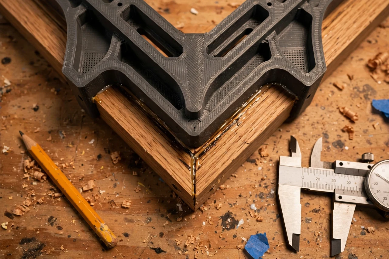 Close-up top-down view of a matte charcoal-gray 3D printed picture frame corner pressing tool being test-fitted against a picture frame corner joint during gluing on a workbench, calipers and a pencil nearby, warm workshop lighting