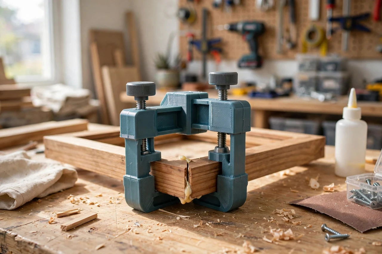 View of the finished 3D printed picture frame corner pressing tool in use on a home repair project on a workbench, tidy workshop background in soft focus, bright natural light