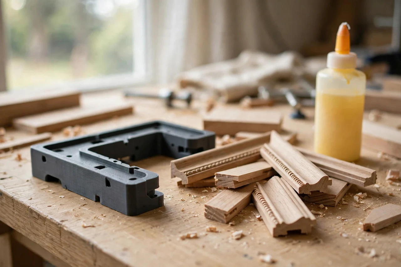 Home workshop scene on a light oak workbench, a matte charcoal-gray 3D printed picture frame corner pressing tool beside picture frame moulding offcuts and wood glue, soft natural window light, shallow depth of field