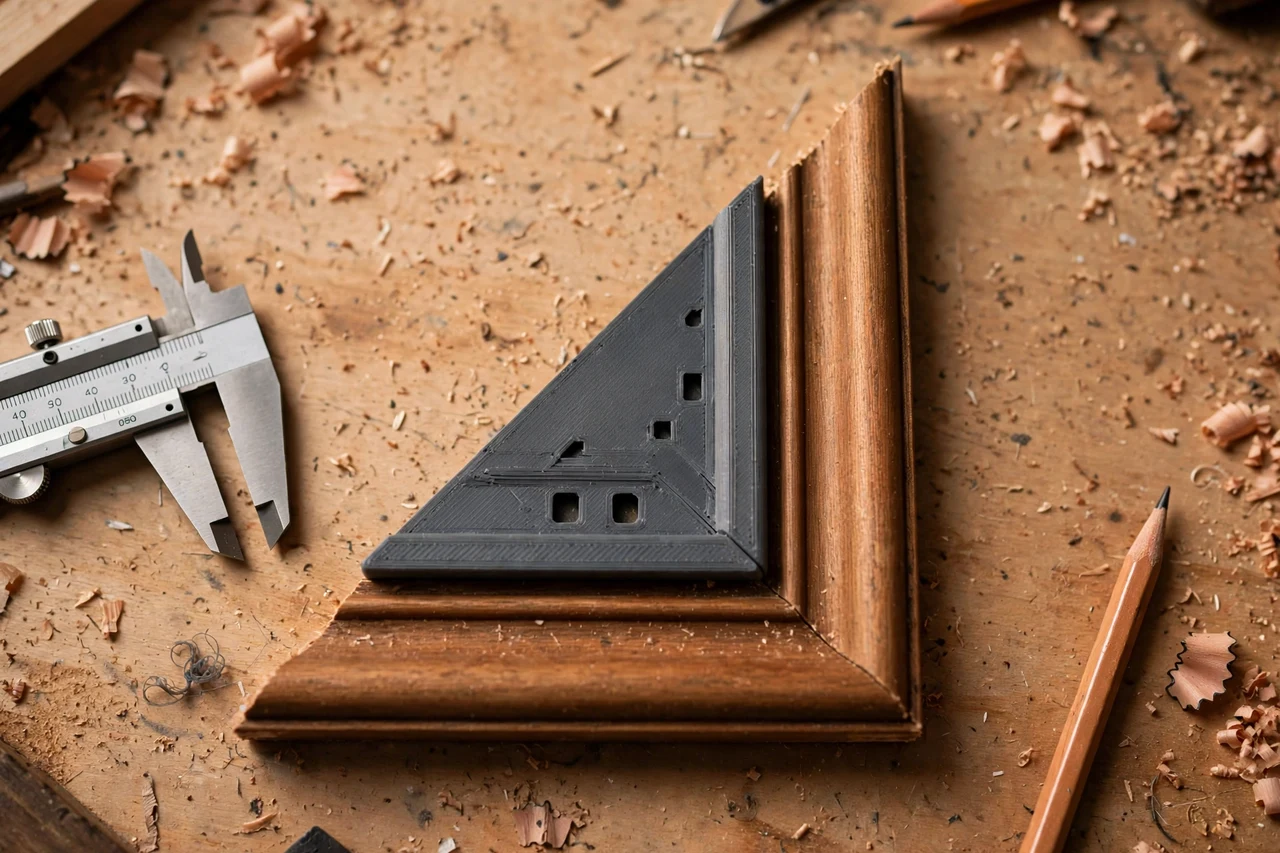Close-up top-down view of a matte charcoal-gray 3D printed picture frame miter angle gauge being test-fitted against picture frame molding lengths on a workbench, calipers and a pencil nearby, warm workshop lighting