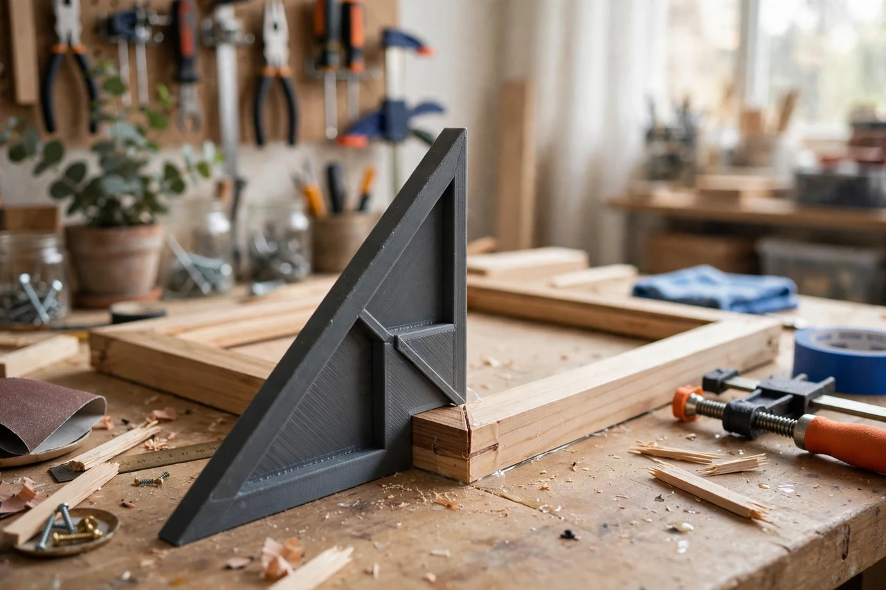 View of the finished 3D printed picture frame miter angle gauge in use on a home repair project on a workbench, tidy workshop background in soft focus, bright natural light