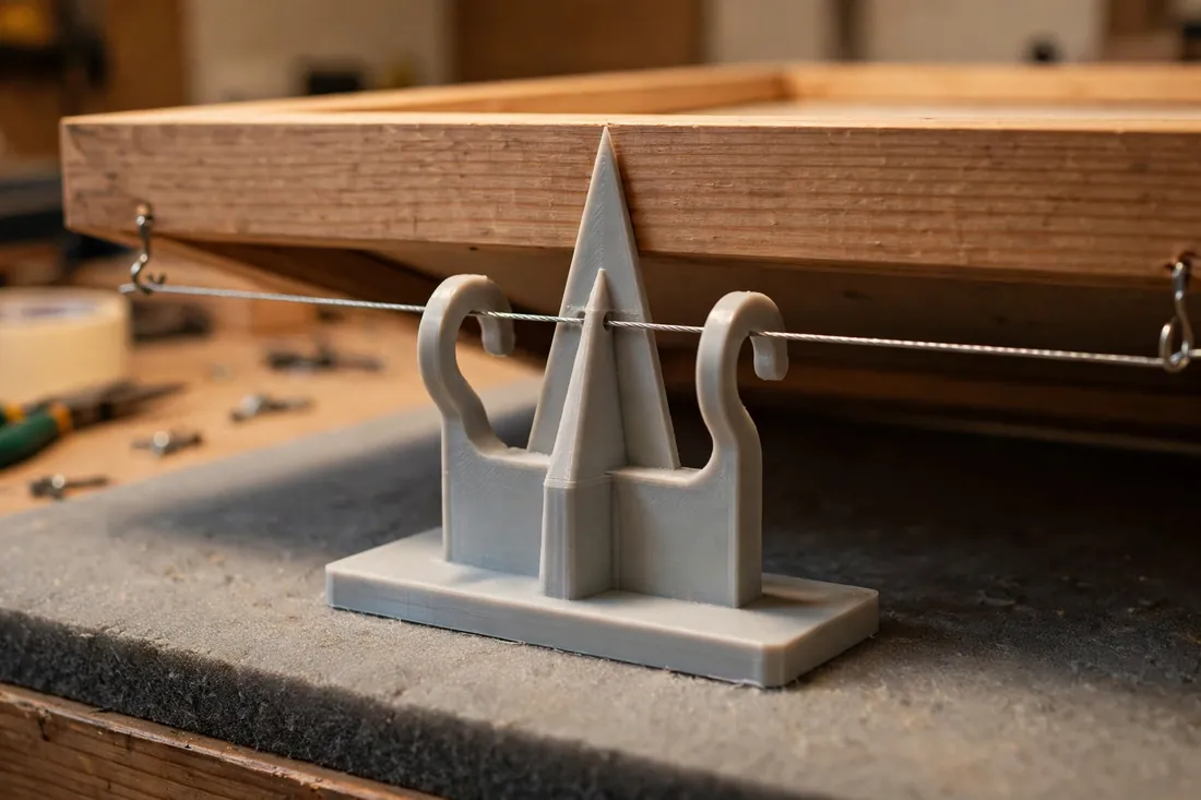 Close-up side view of a 3D printed picture hanging jig hooked onto the taut wire on the back of a wooden picture frame resting face-down on a padded