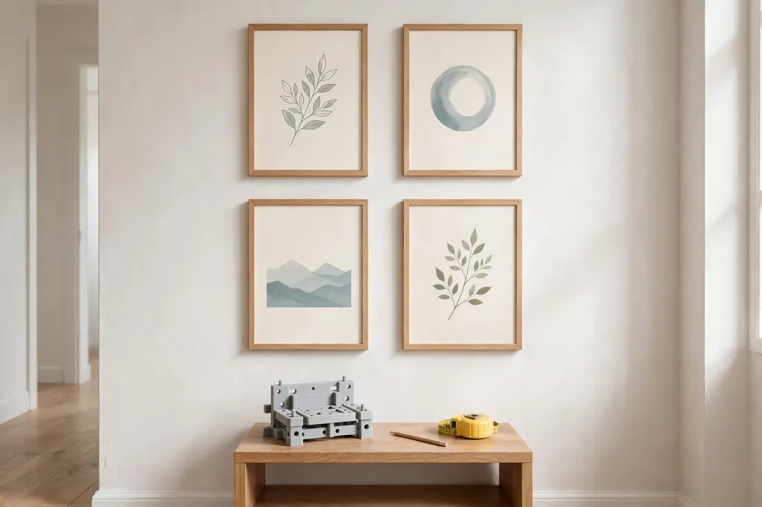A neat gallery wall of four evenly spaced framed prints in a bright hallway