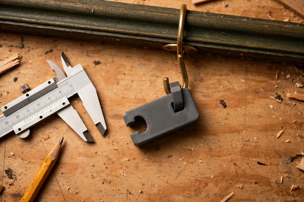 Close-up top-down view of a matte charcoal-gray 3D printed picture rail hook adapter being test-fitted against a picture rail and a hanging hook on a workbench, calipers and a pencil nearby, warm workshop lighting