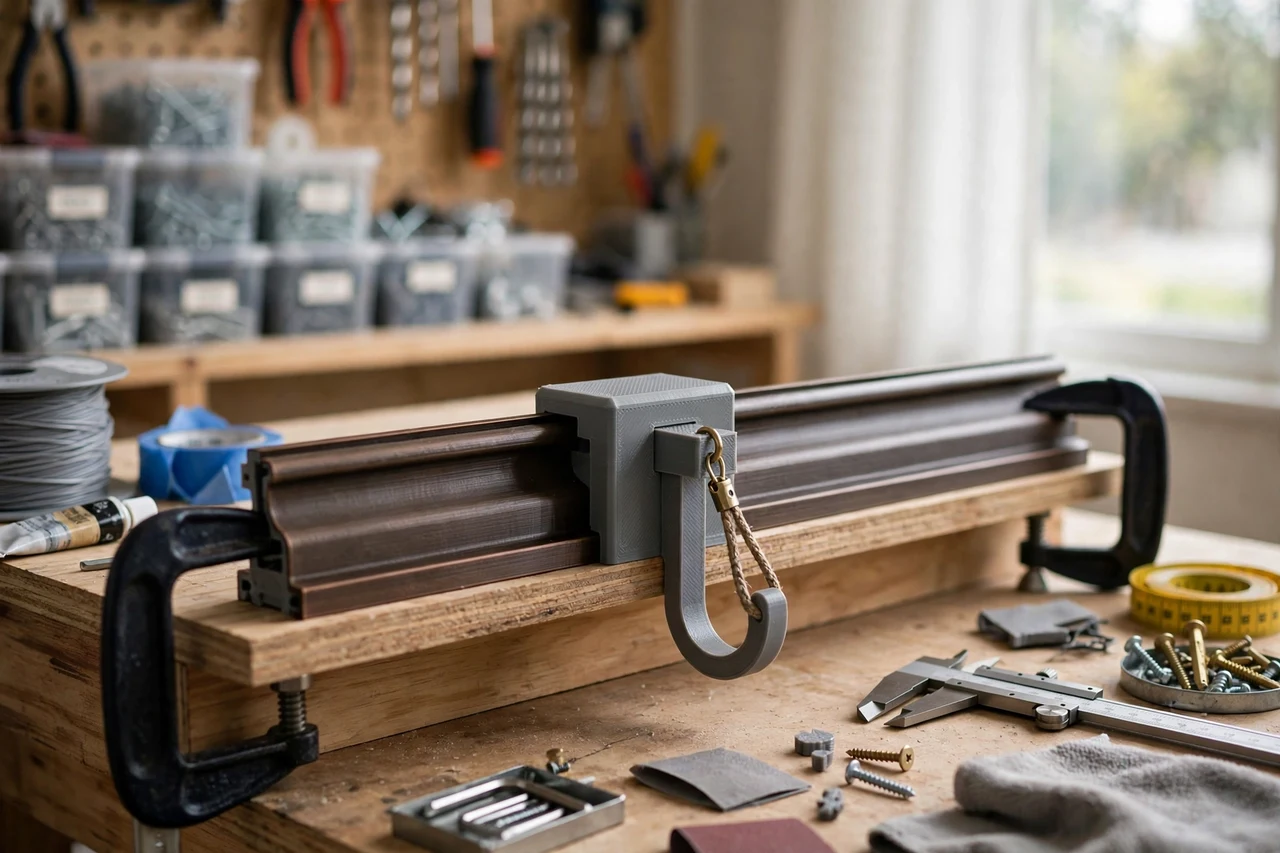 View of the finished 3D printed picture rail hook adapter in use on a home repair project on a workbench, tidy workshop background in soft focus, bright natural light