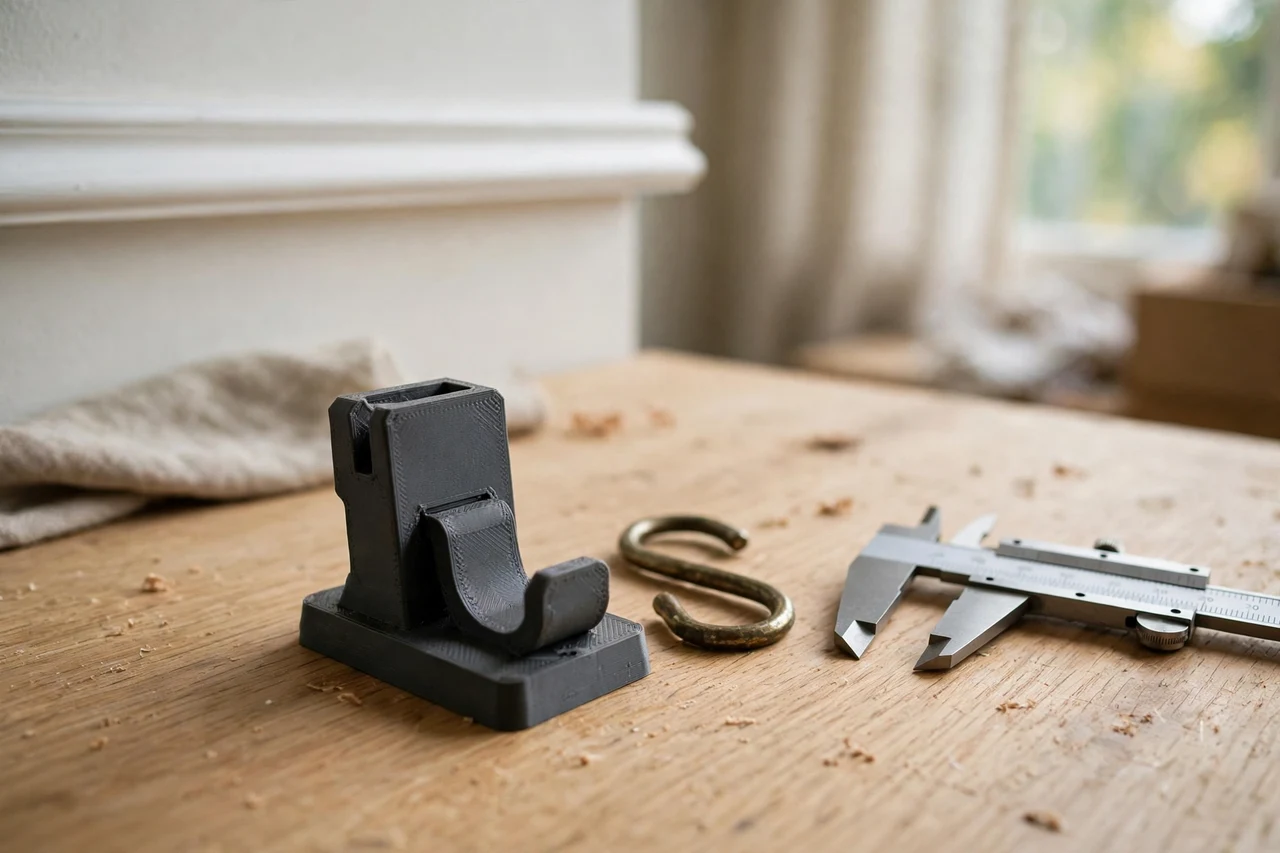 Home workshop scene on a light oak workbench, a matte charcoal-gray 3D printed picture rail hook adapter beside a picture rail and a hanging hook and a pair of calipers, soft natural window light, shallow depth of field