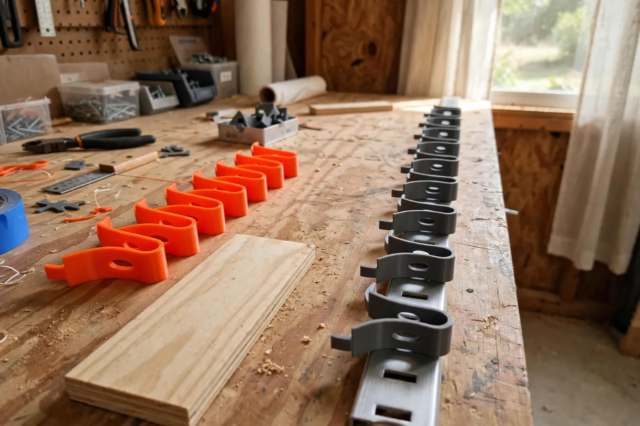 A bright home workshop scene with a neat row of bright-orange 3D printed pilaster shelf clips beside a metal pilaster shelf strip and a wooden shelf