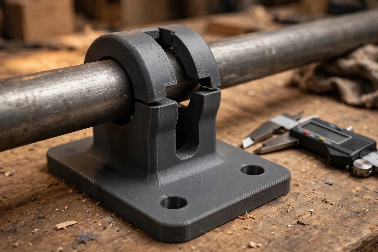 Close-up of a matte charcoal-gray 3D printed pipe clamp foot clipped onto a steel pipe