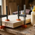 A home workshop scene on a wooden workbench