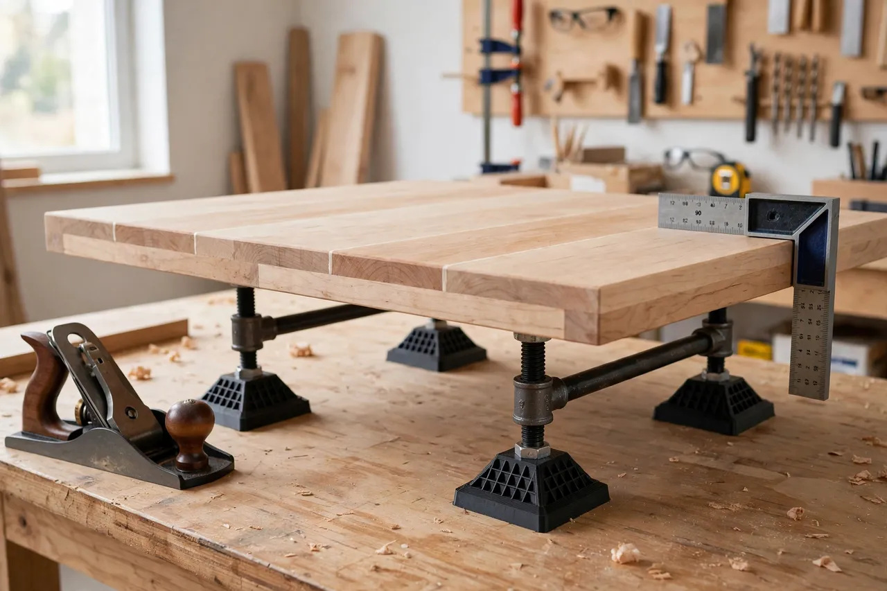 A finished glued tabletop resting level on pipe clamps fitted with printed feet