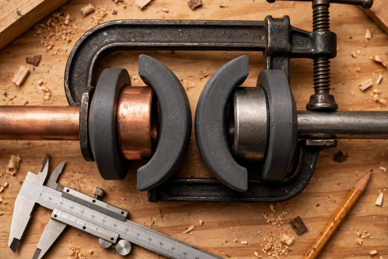 Close-up top-down view of a matte charcoal-gray 3D printed pipe clamp saddle pads being test-fitted against pipes and round stock held in a pipe clamp on a workbench, calipers and a pencil nearby, warm workshop lighting