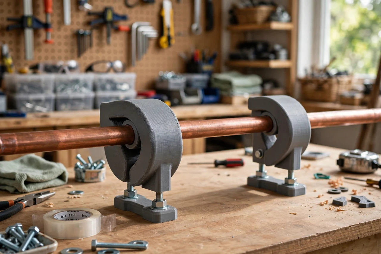 View of the finished 3D printed pipe clamp saddle pads in use on a home repair project on a workbench, tidy workshop background in soft focus, bright natural light