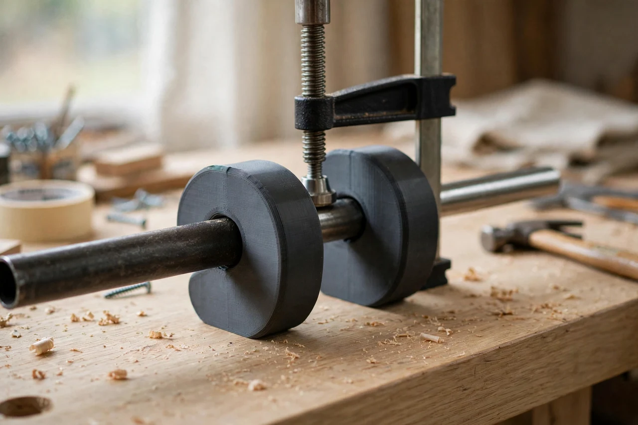Home workshop scene on a light oak workbench, a matte charcoal-gray 3D printed pipe clamp saddle pads holding pipes and round stock held in a pipe clamp, soft natural window light, shallow depth of field