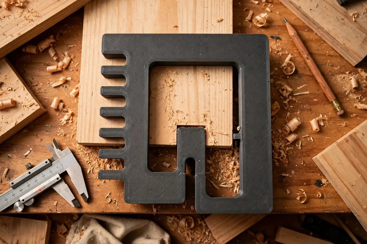Close-up top-down view of a matte charcoal-gray 3D printed planer thickness measuring gauge being test-fitted against planer boards and thickness settings on a workbench, calipers and a pencil nearby, warm workshop lighting
