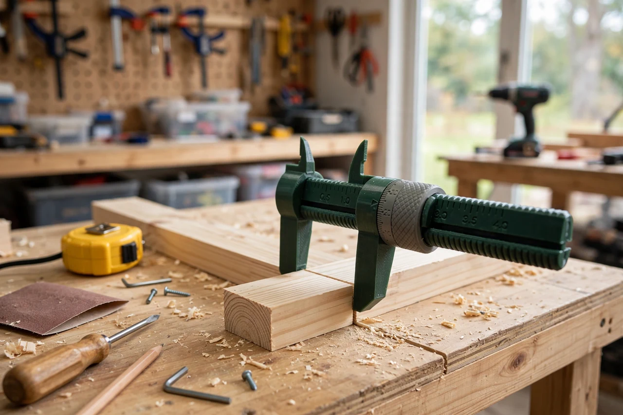 View of the finished 3D printed planer thickness measuring gauge in use on a home repair project on a workbench, tidy workshop background in soft focus, bright natural light