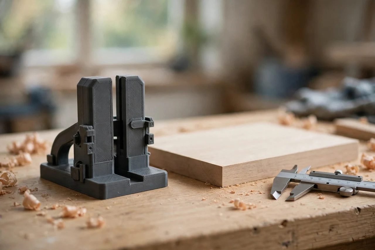 Home workshop scene on a light oak workbench, a matte charcoal-gray 3D printed planer thickness measuring gauge beside a planed board and calipers, soft natural window light, shallow depth of field