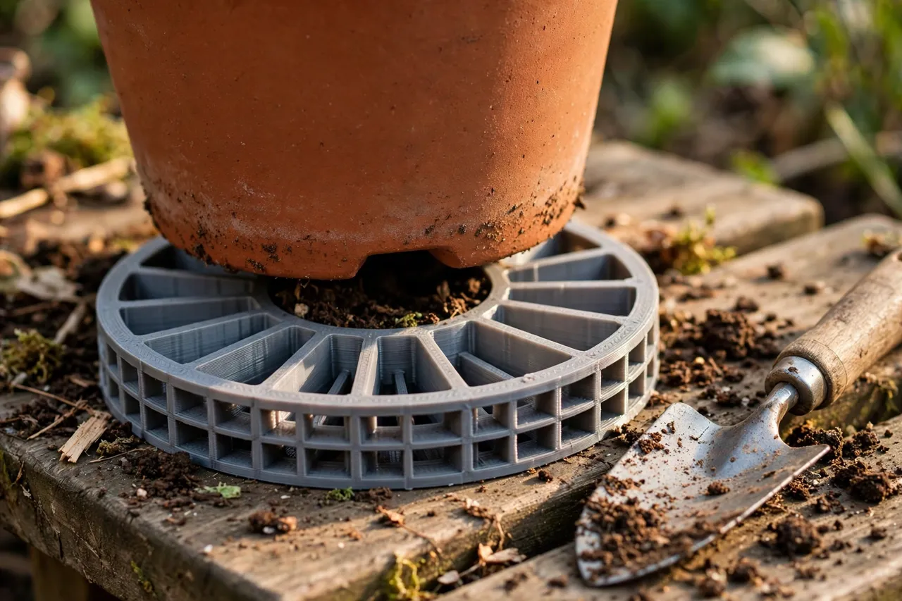Close-up view of a 3D printed drainage adapter ring being fitted onto the base of a terracotta plant pot on a garden bench