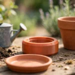 A bright sunlit garden workbench scene, a matte terracotta-orange 3D printed drainage adapter ring seated between a clay plant pot and a matching