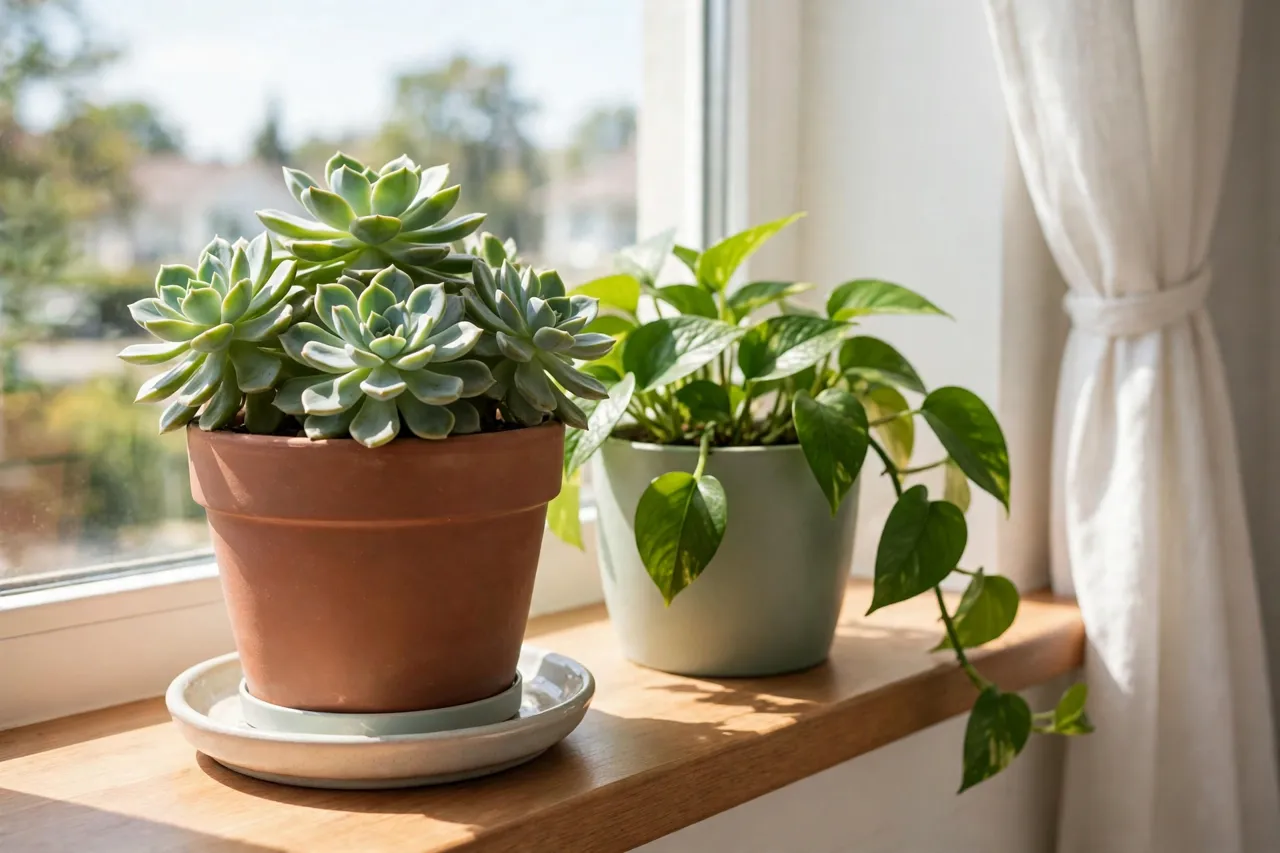 A finished potted plant sitting stable and level on its saucer on a sunny windowsill
