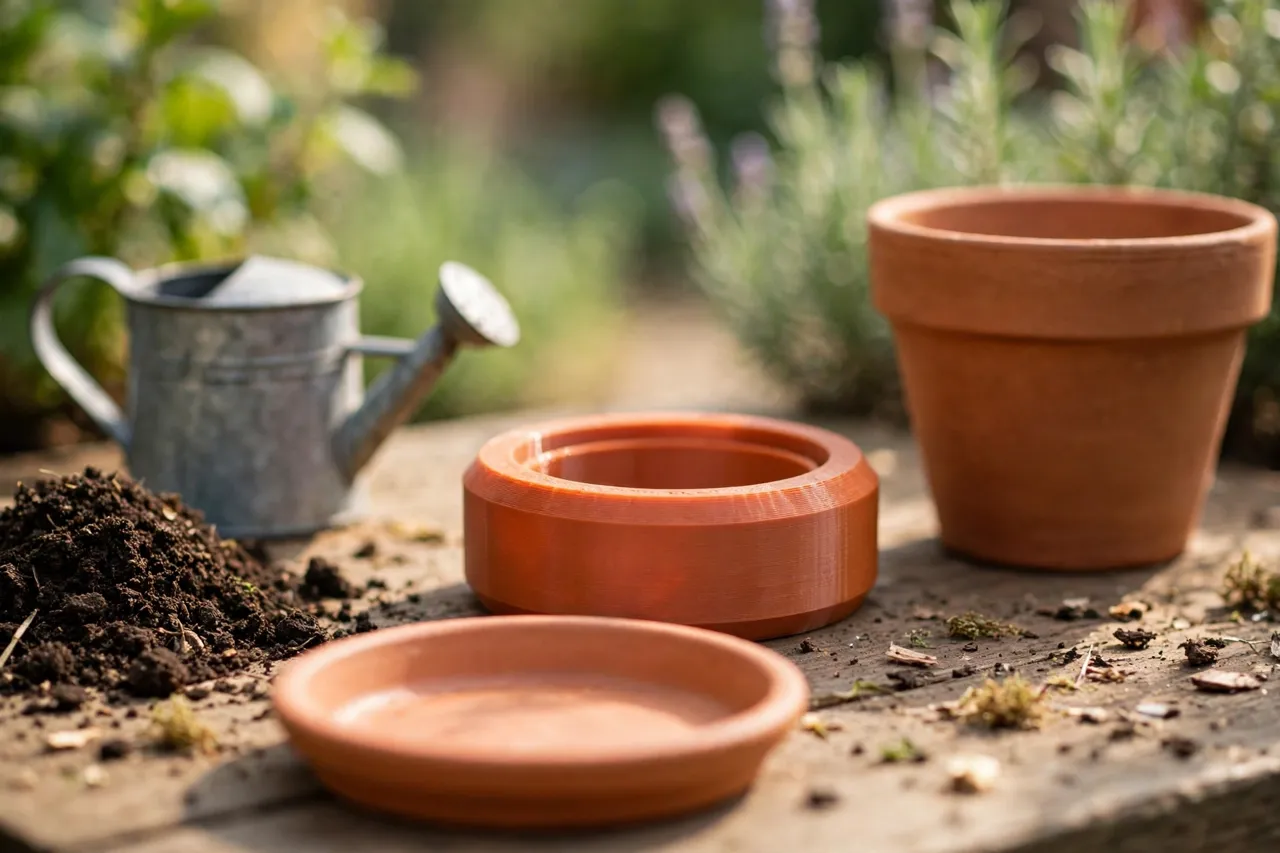 A bright sunlit garden workbench scene, a matte terracotta-orange 3D printed drainage adapter ring seated between a clay plant pot and a matching