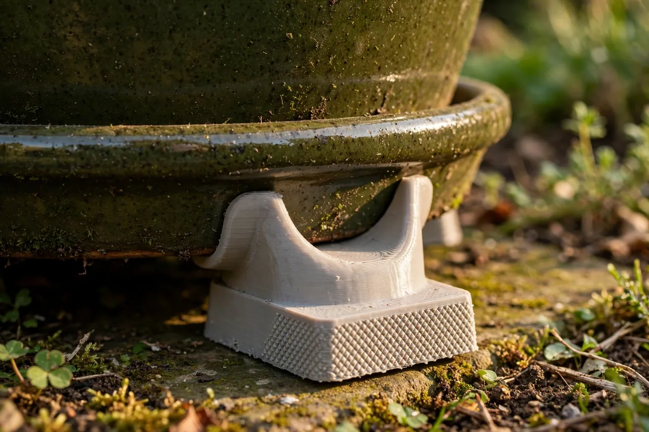 Close-up of a 3D printed plant pot foot being slipped under the rim of a heavy glazed pot, showing the foot's wide load pad