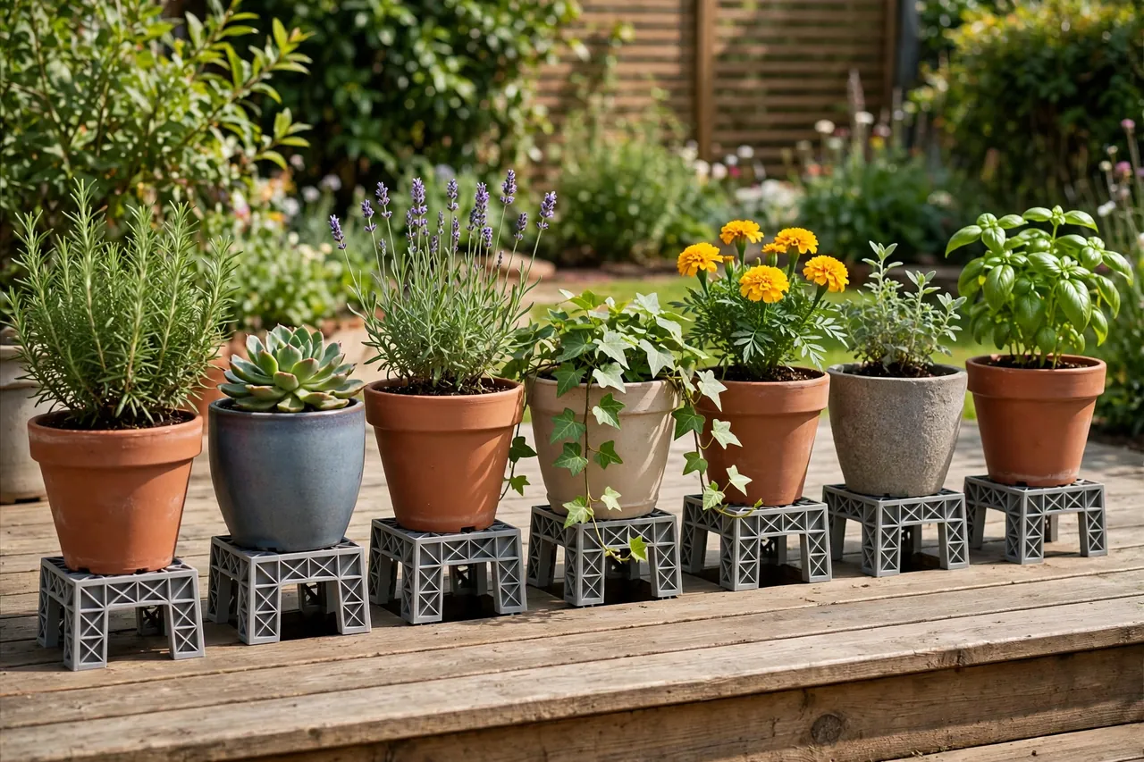 A finished row of potted plants on a deck