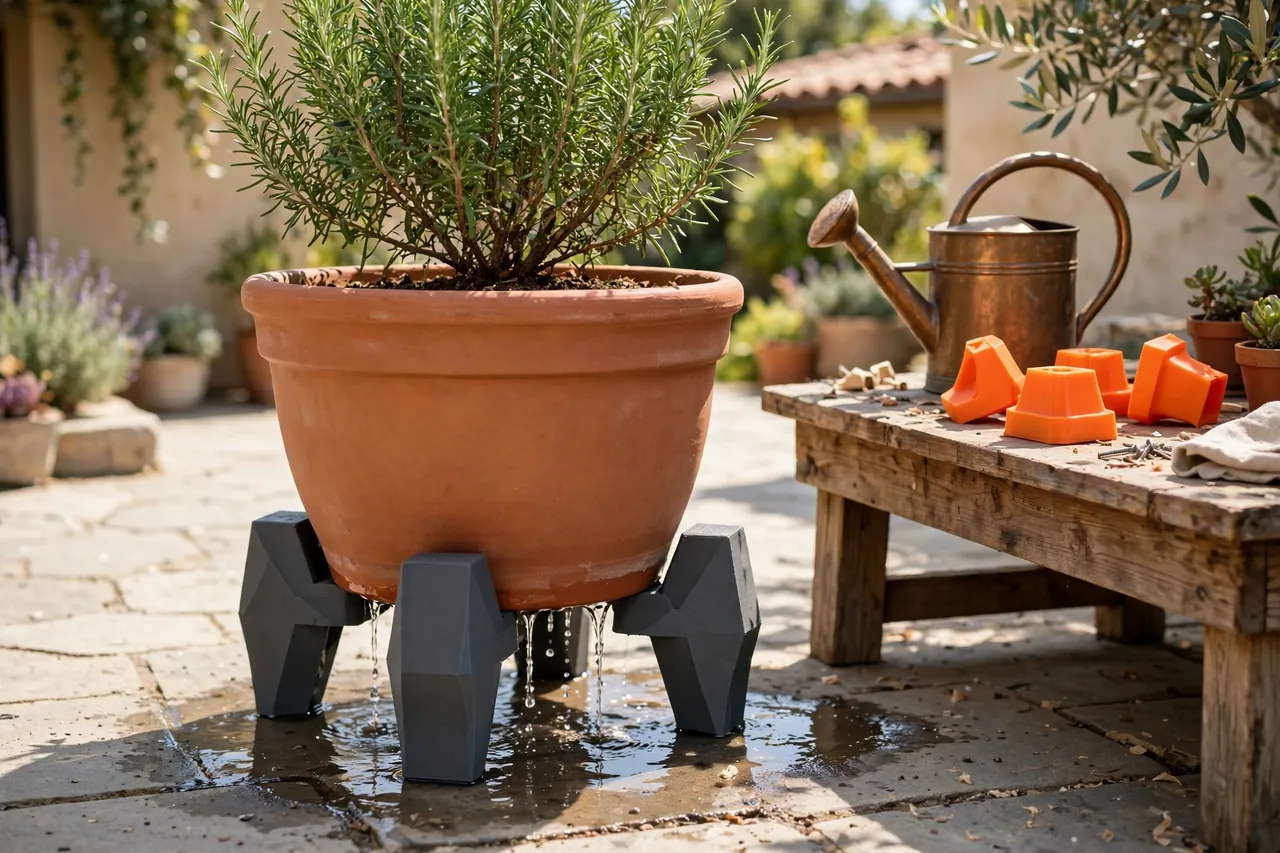 A sunny patio with a large terracotta pot raised on four matte charcoal-gray 3D printed pot feet