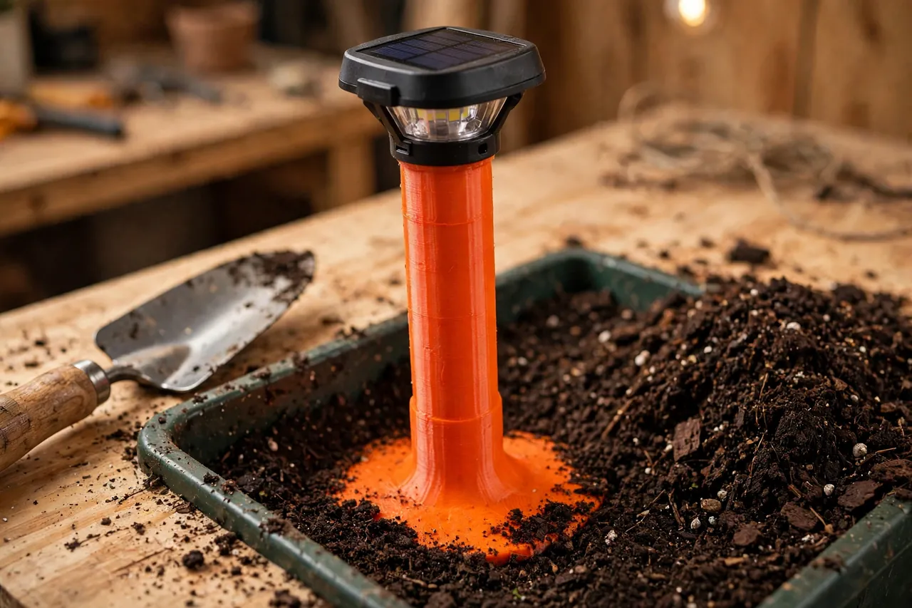 Close-up of a bright-orange 3D printed planter stake with a wide stabilising foot and a solar light socket on top