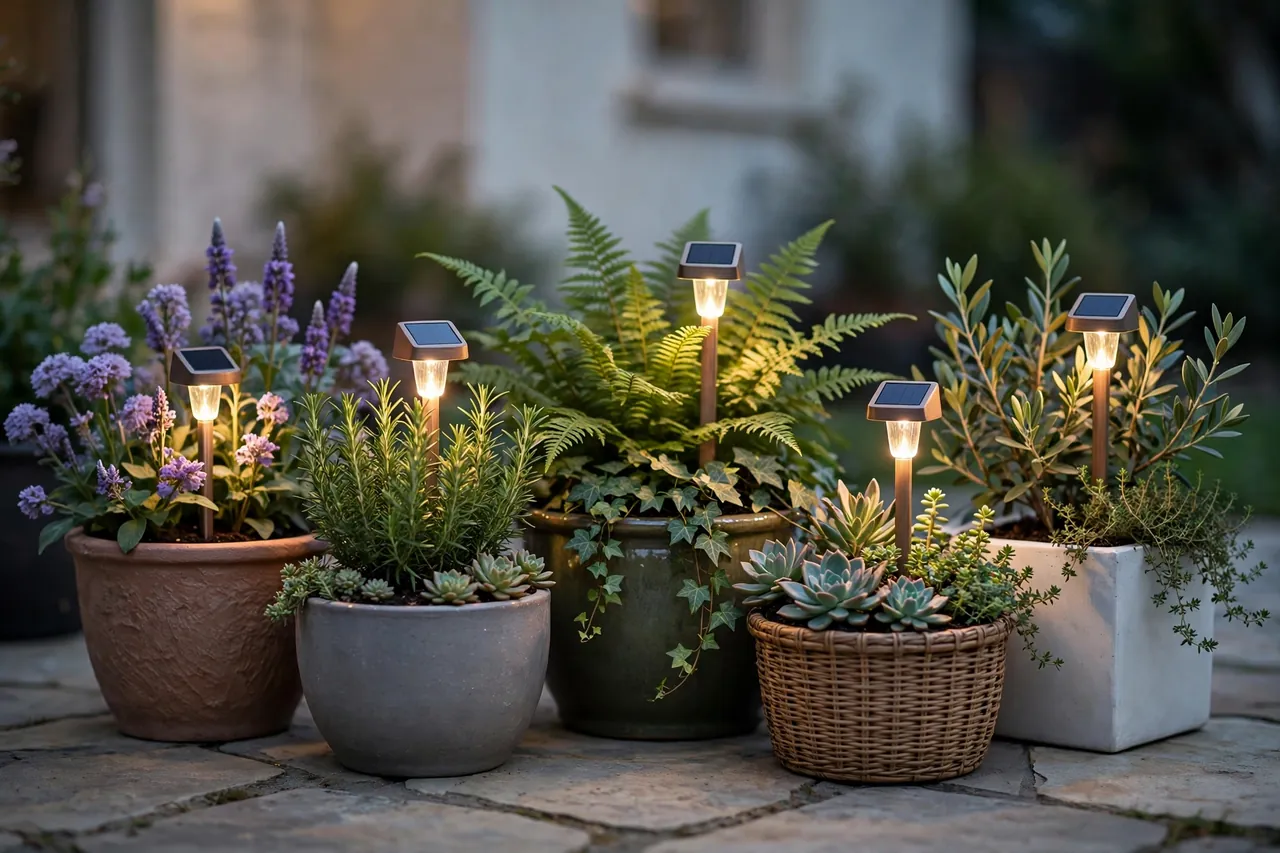 A finished group of planters on a patio at dusk
