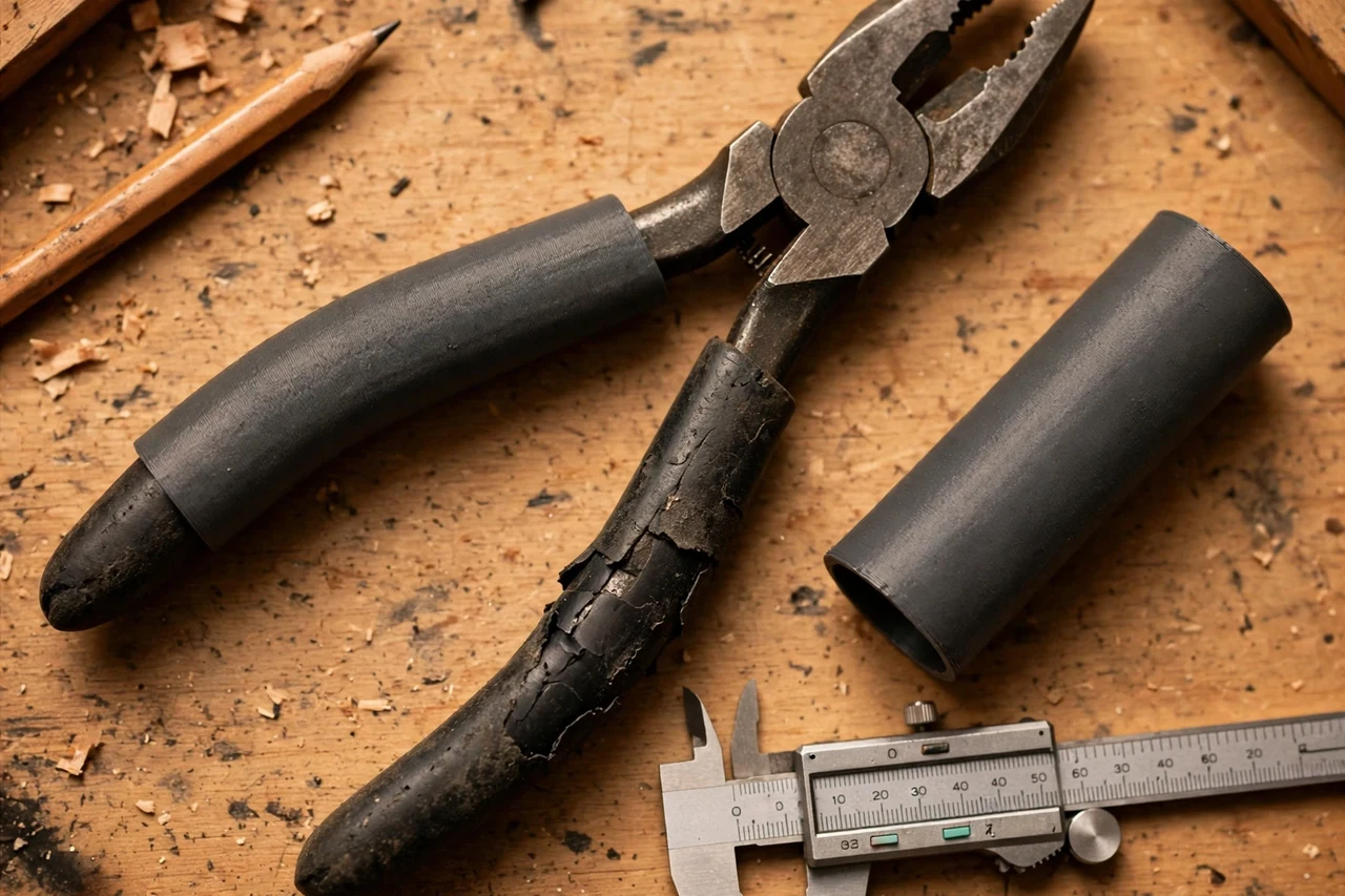 Close-up top-down view of a matte charcoal-gray 3D printed pliers handle grip sleeves being test-fitted against a pair of pliers with worn grips on a workbench, calipers and a pencil nearby, warm workshop lighting