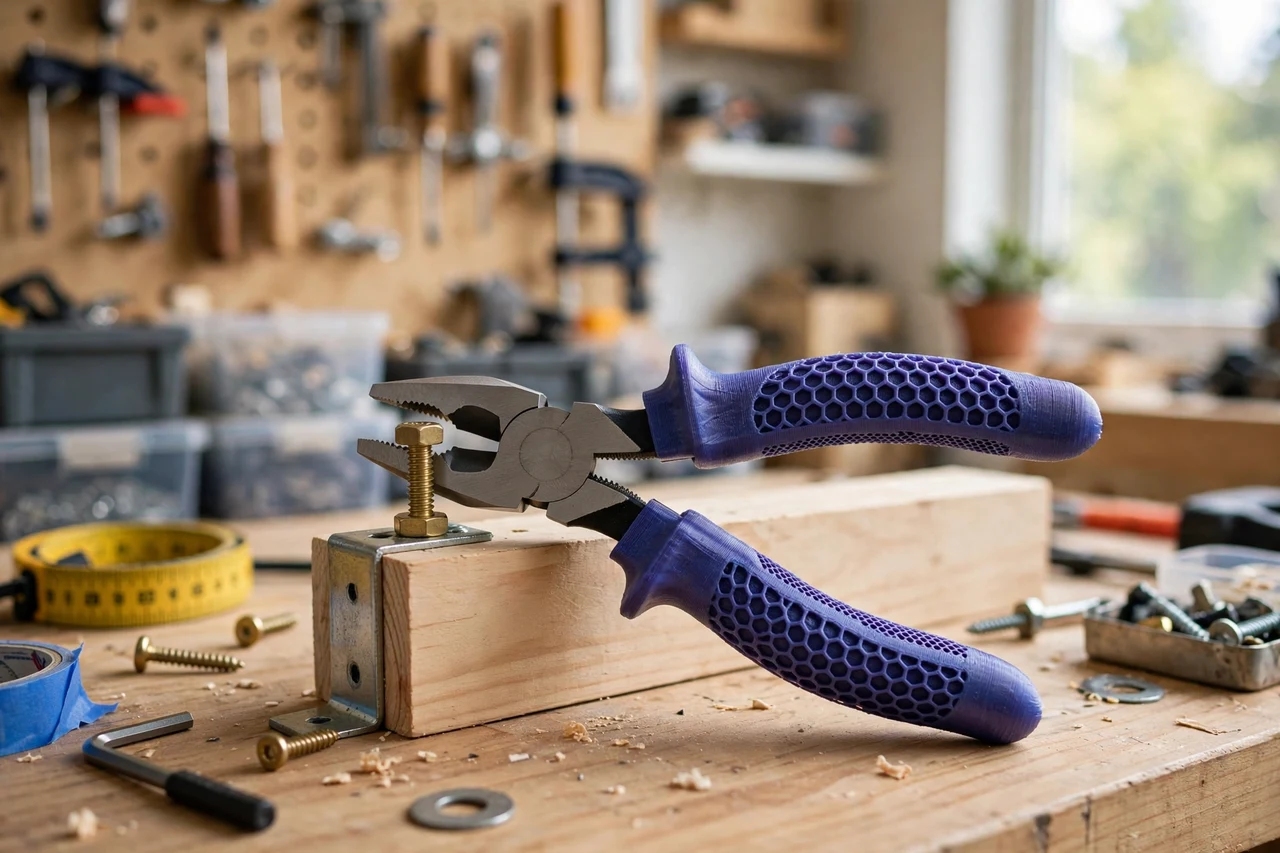 View of the finished 3D printed pliers handle grip sleeves in use on a home repair project on a workbench, tidy workshop background in soft focus, bright natural light
