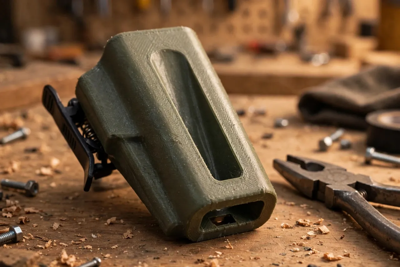Close-up of a 3D printed pliers holster showing its belt clip, tapered pocket, and drainage slot, on a workbench beside pliers, warm workshop lighting