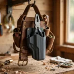 A home workshop scene, a leather tool belt with a matte charcoal-gray 3D printed pliers holster holding combination pliers