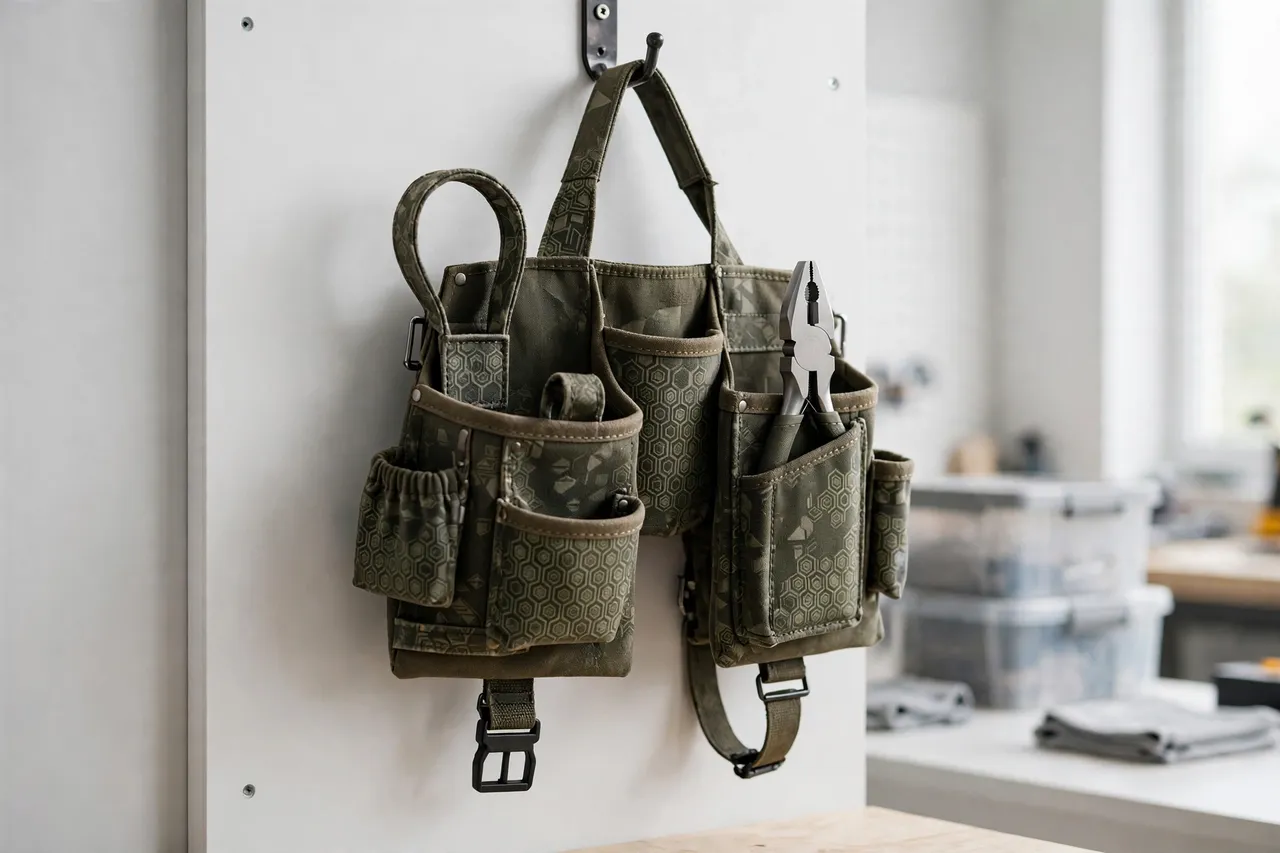 A tool belt fitted with printed holders including a pliers holster and a hammer loop, hanging ready on a workshop wall, bright clean workshop