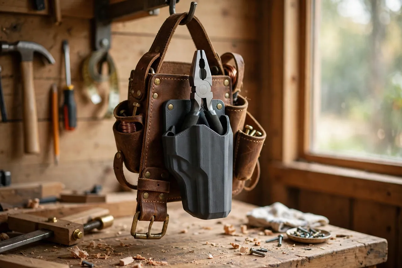 A home workshop scene, a leather tool belt with a matte charcoal-gray 3D printed pliers holster holding combination pliers