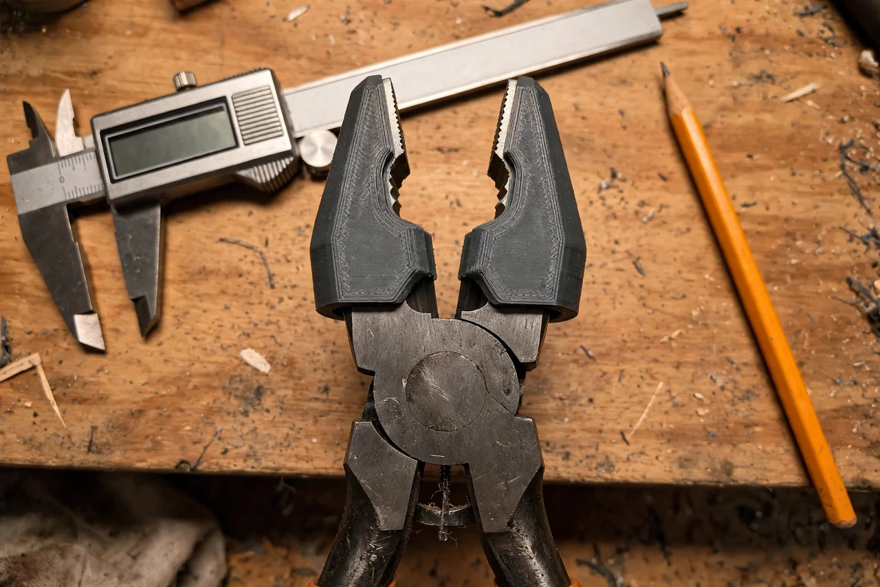 Close-up top-down view of a matte charcoal-gray 3D printed pliers jaw cover adapter being test-fitted against pliers jaws on a workbench, calipers and a pencil nearby, warm workshop lighting