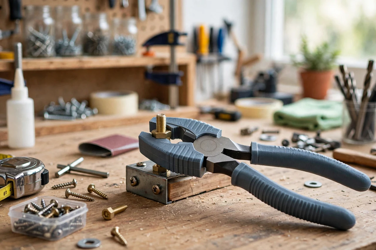 View of the finished 3D printed pliers jaw cover adapter in use on a home repair project on a workbench, tidy workshop background in soft focus, bright natural light