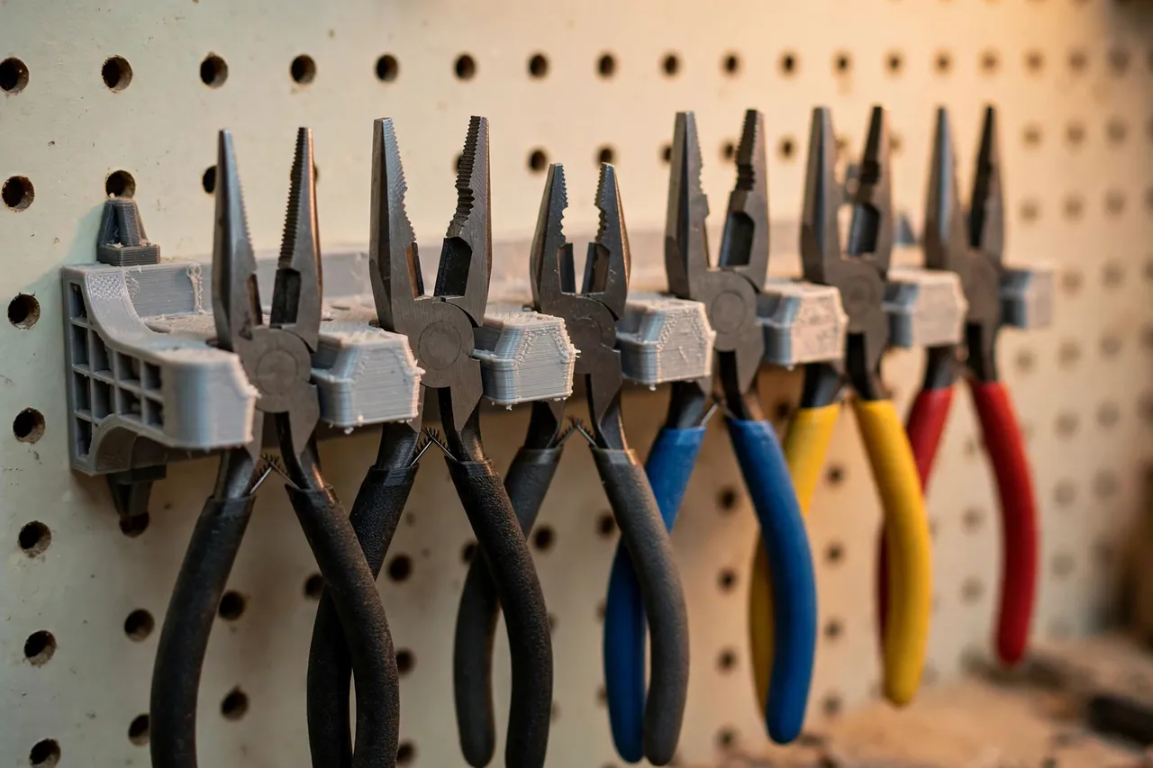 Close-up view of a 3D printed pliers rack mounted on a workshop wall, pliers hanging in individual slots with jaws separated