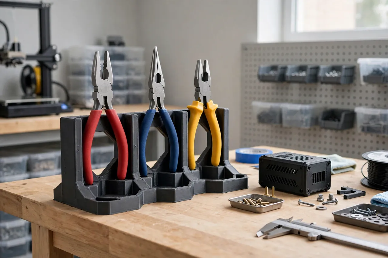 A finished workshop bench with a 3D printed pliers rack holding combination, needle-nose, and cutting pliers in a neat row