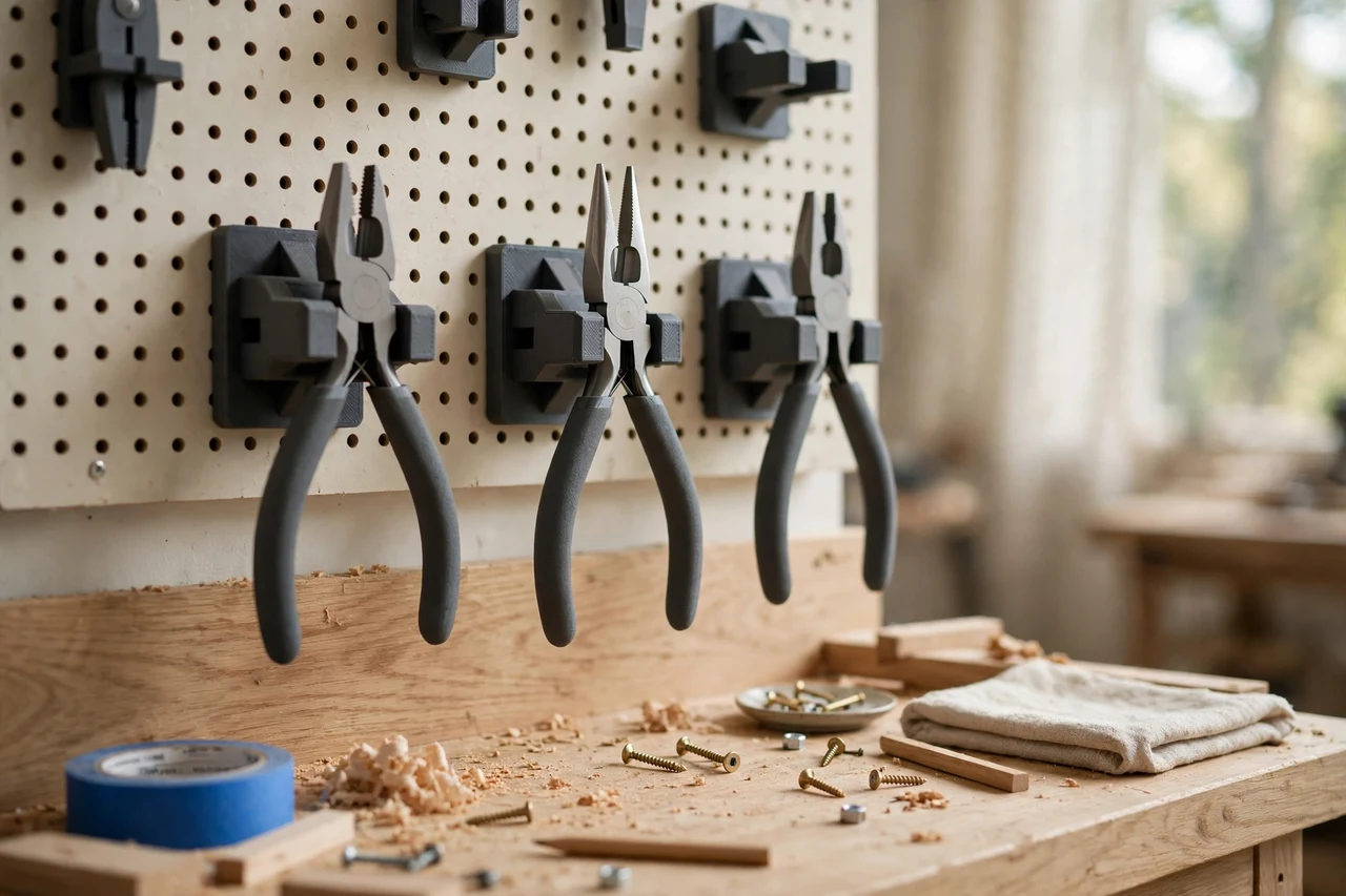 Home workshop scene on a light oak workbench, a matte charcoal-gray 3D printed pliers wall mount clips holding pliers hung on a workshop wall or pegboard, soft natural window light, shallow depth of field
