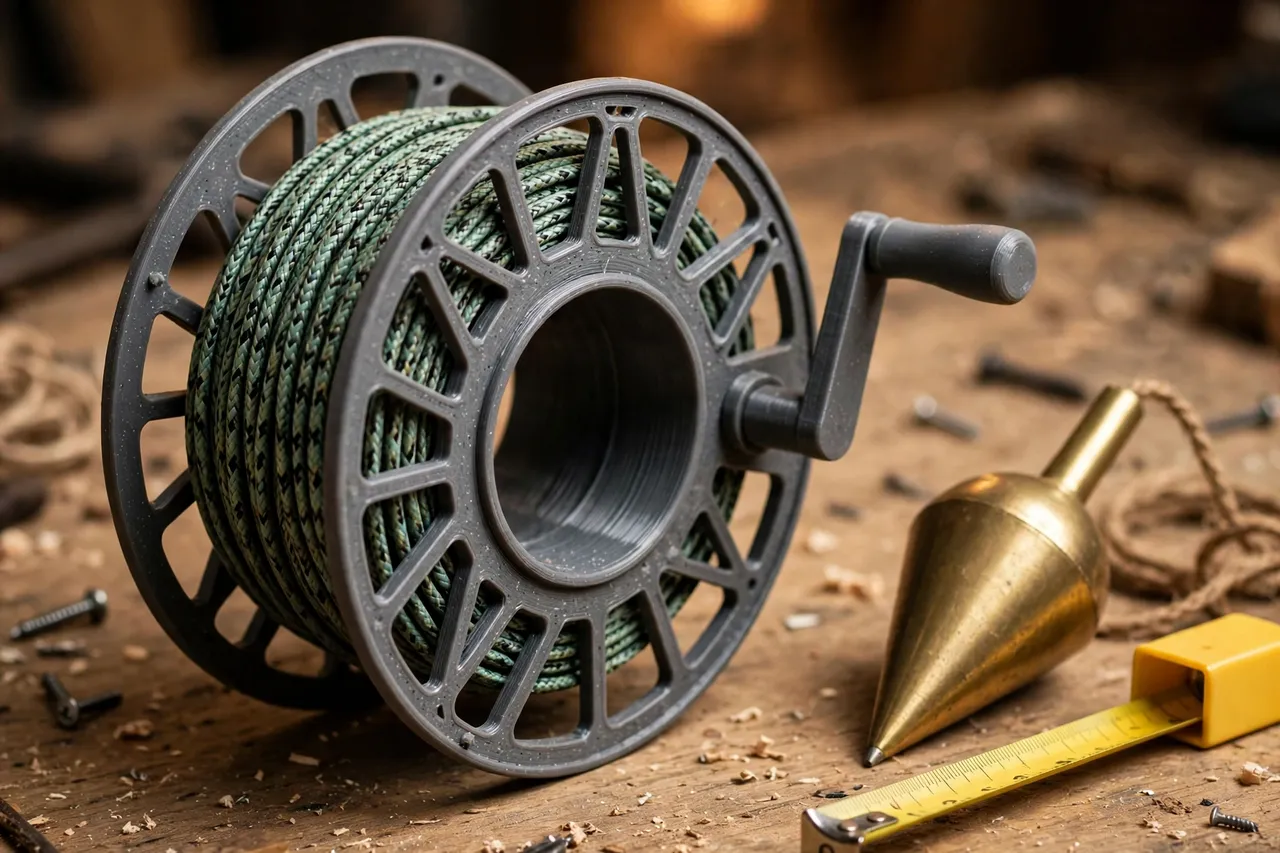 Close-up view of a 3D printed line reel with neatly wound braided line and a small crank handle
