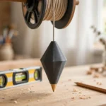 A bright home workshop scene on a light oak workbench