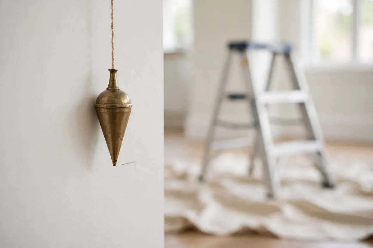 A plumb bob hanging freely beside a pale interior wall with a pencil mark at the point