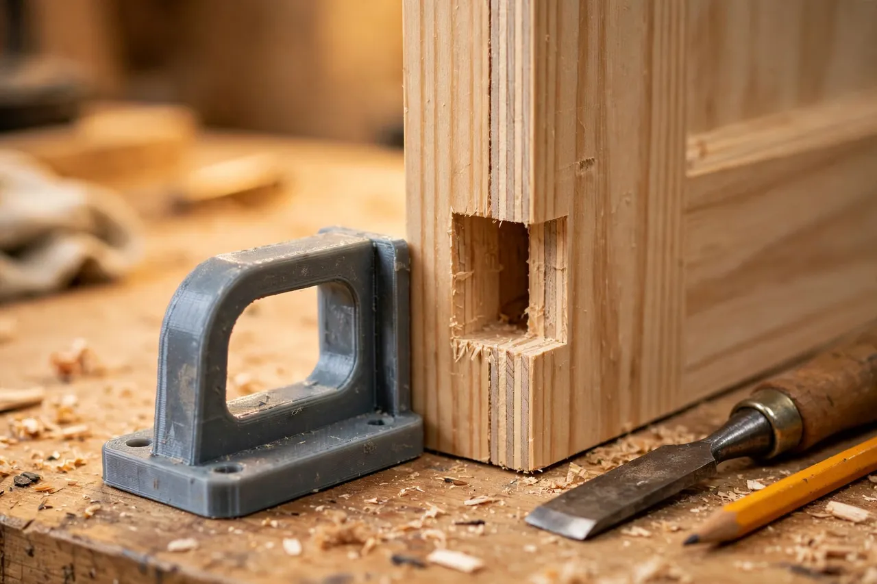 Close-up view of a 3D printed pocket door edge pull beside a pocket door edge with a shallow rectangular mortise cut into it