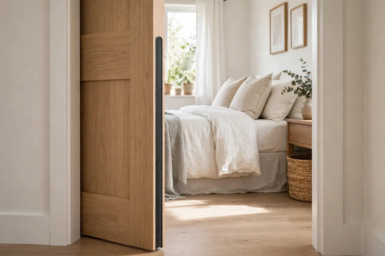 A finished pocket door half open with the printed edge pull visible in its edge, a tidy bedroom beyond, bright natural light