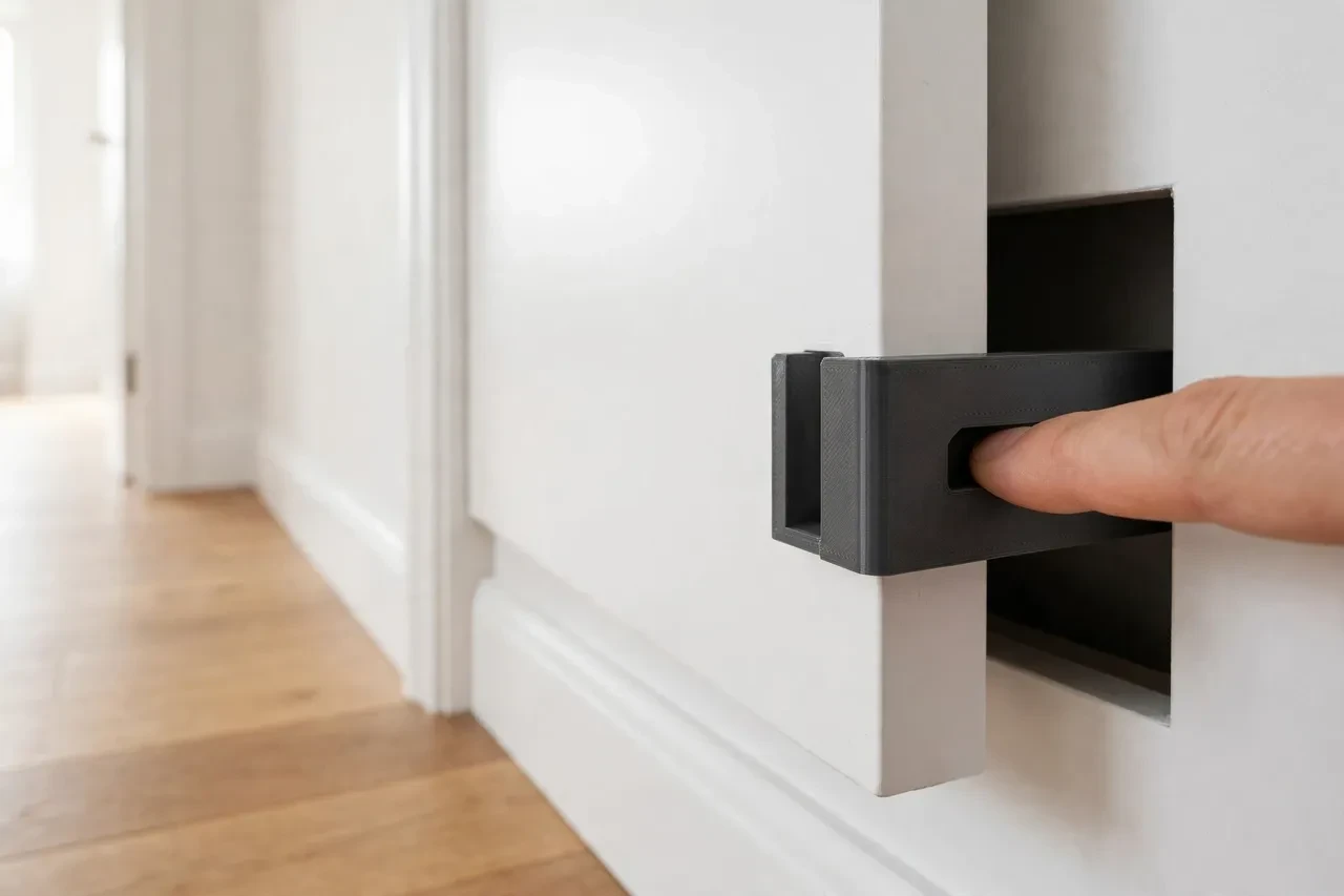 A bright hallway scene, the edge of a white pocket door slid into its wall pocket with a matte charcoal-gray 3D printed edge pull fitted flush into