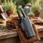 A garden workbench with a charcoal-gray 3D printed pruner holster clipped to a leather tool belt