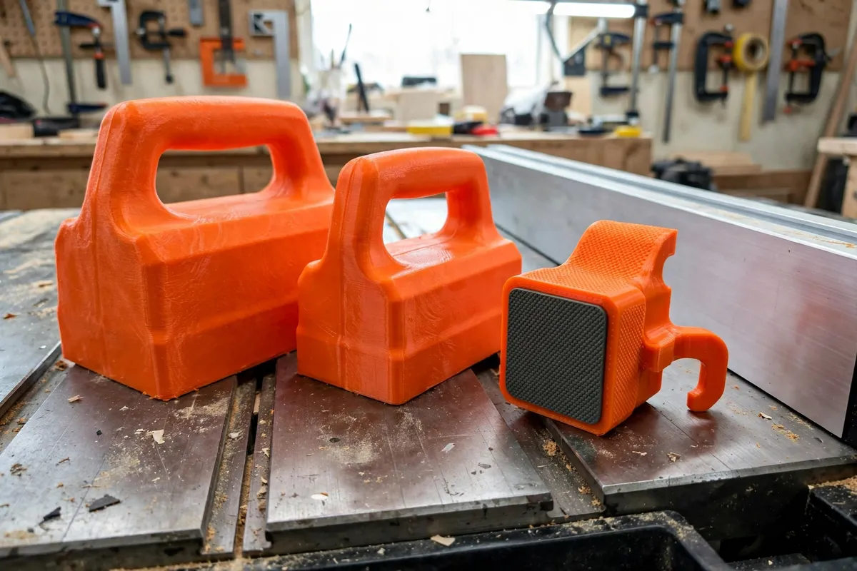 A set of orange 3D printed push blocks in graduated sizes arranged on a table saw surface beside a rip fence