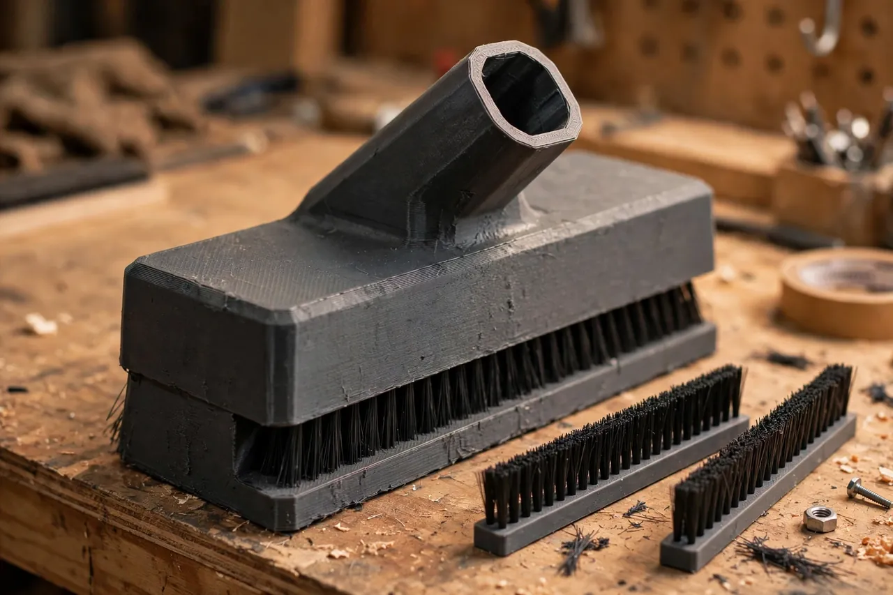 Close-up of a matte charcoal-gray 3D printed push broom head block on a workbench showing the angled handle socket and the channel that holds